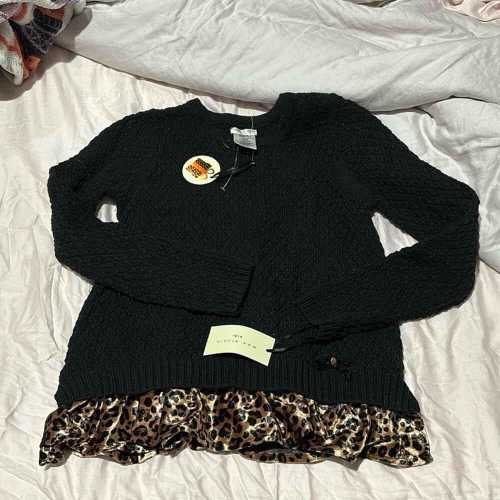 max studio 7/8 black chunky metallic thread sweater animal print hemline nwt
